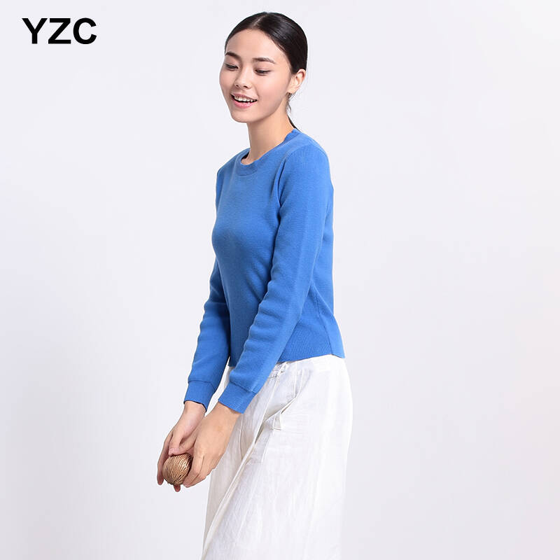 衣之纯2015秋冬新品纯棉短款针织衫女 圆领套头简约显瘦毛衣 湖水蓝 x