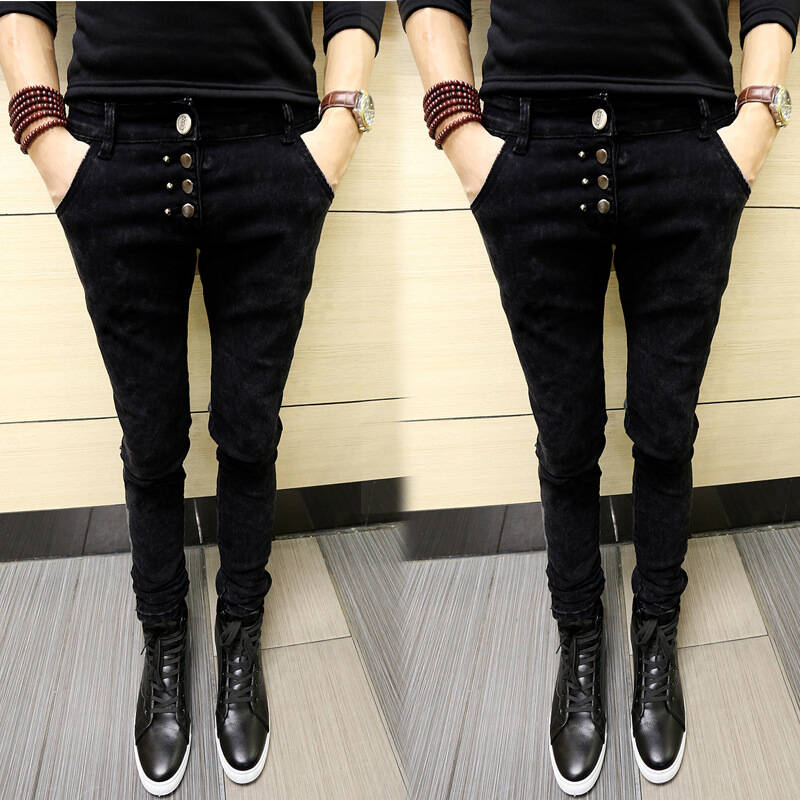 独家林弯弯黑色铆钉小脚裤雪花洗修身男式牛仔裤男韩版潮 k050后铁皮