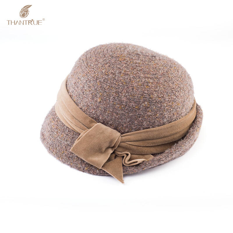 thantrue真享女士帽子时尚简约天鹅绒盆帽时装帽p017 米色