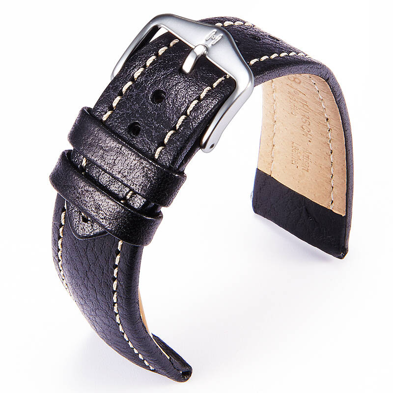 海奕施(hirsch)表带牛皮各品牌男女手表通用表带黑色白线钢色针扣18