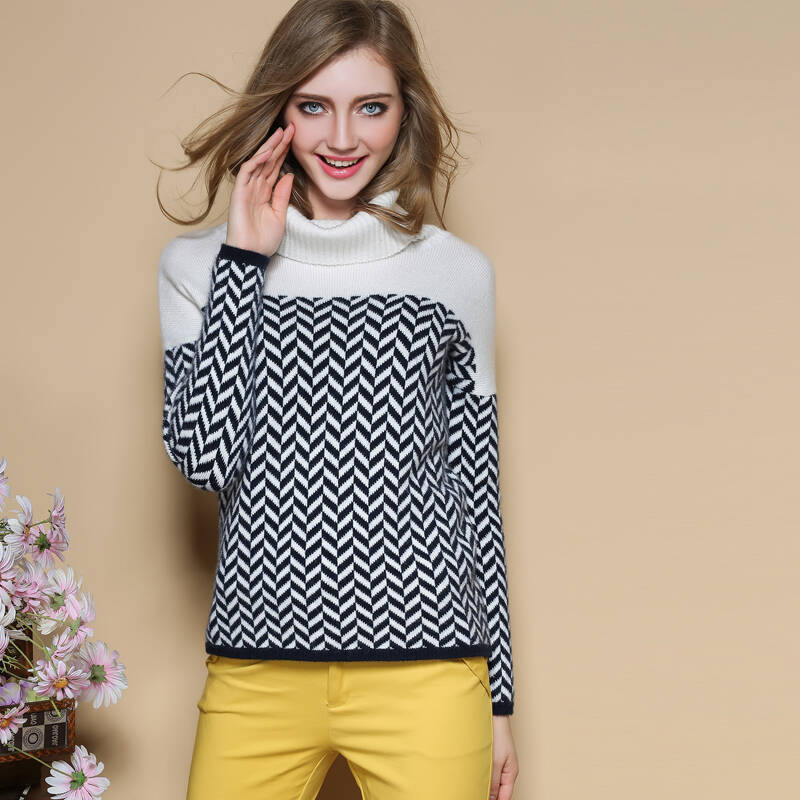 皓织岚-2015新款女装加厚海军风盆领纯山羊绒衫女士盆领毛衣外套 白色