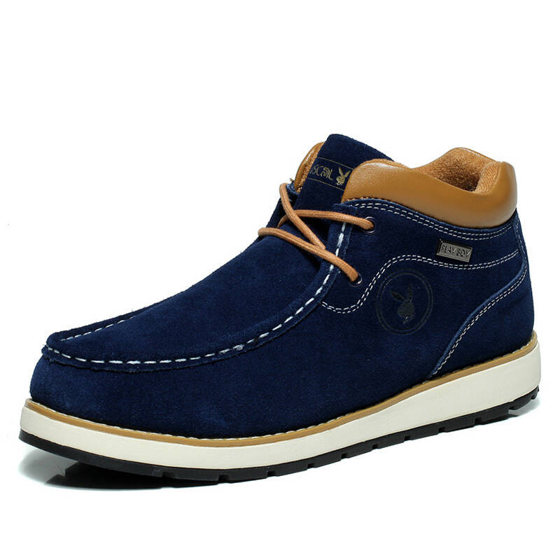 京东自营 花花公子(playboy)冬季保暖真皮反绒靴子休闲加绒男士棉鞋男