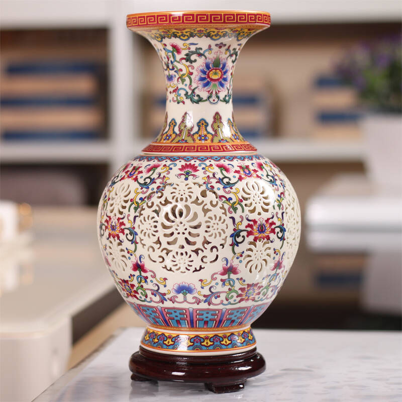 景勤 景德镇陶瓷器 薄胎镂空花瓶 象牙青花瓷 花瓶装饰摆件