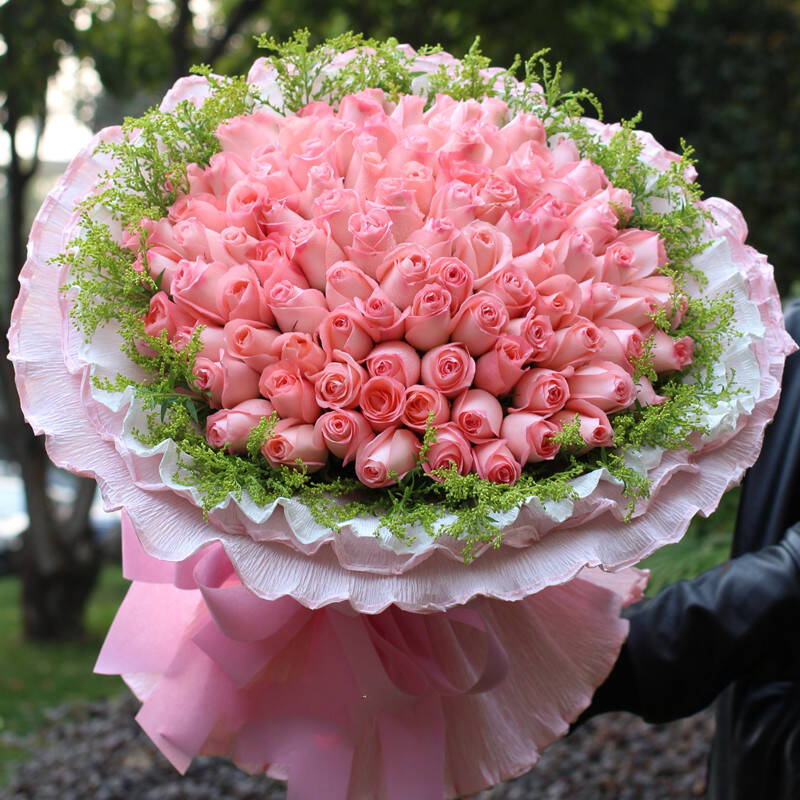 尚雅鲜花 粉玫瑰 花束 99朵 粉玫瑰 花圆形包装