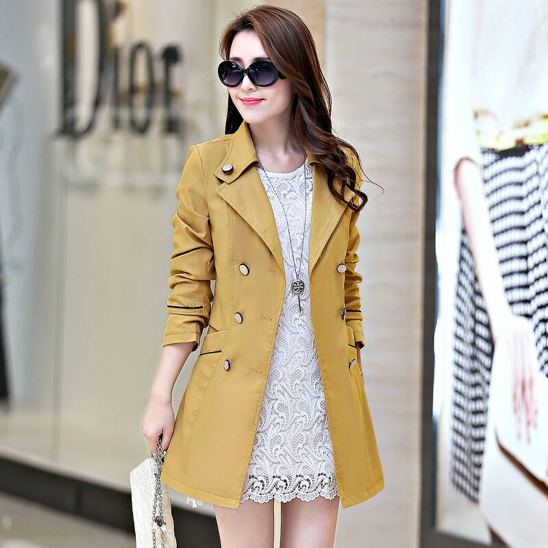 2014秋装新款纯色大翻领双排扣长袖风衣外套女dz430682 黄色 xl