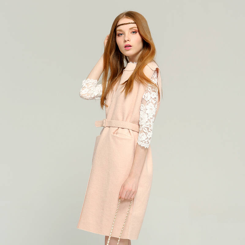 chartres秋季新款粉色毛呢连衣裙 中长款裙子 圆领无袖女装q363 粉