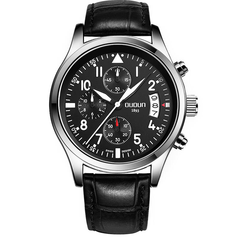 欧顿(oudun)手表 男士多功能时尚商务三眼日历运动防水钢带皮带男表