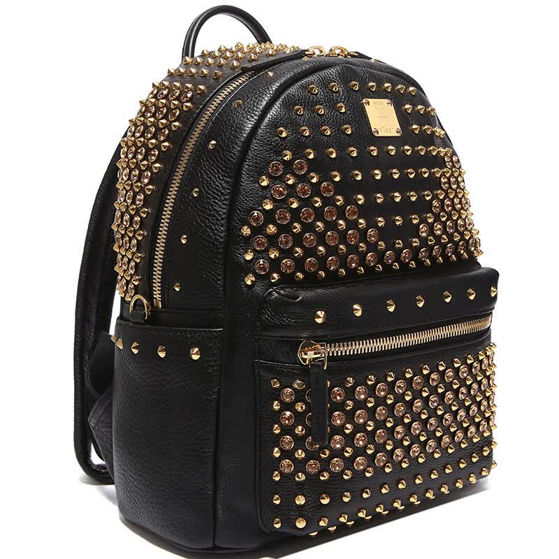 mcm 女士黑色牛皮金色铆钉双肩包 mmk5sve73bk001 black