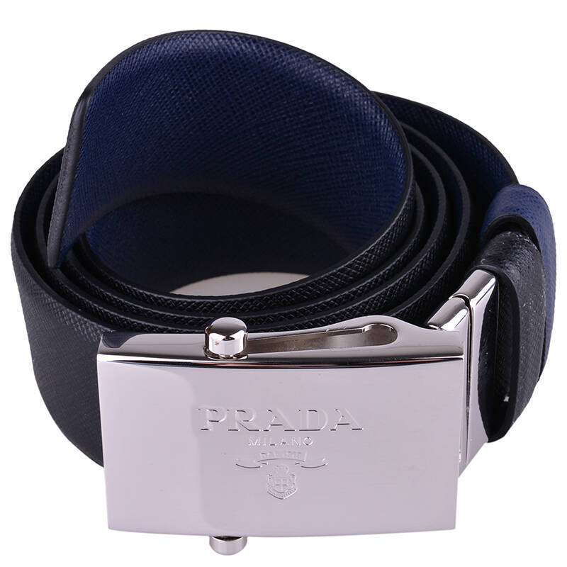 prada 普拉达 男士黑色波罗的海蓝色自动扣皮质正反两面穿腰带 两面用