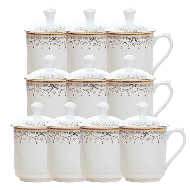 怀泉 陶瓷杯带盖水杯子(10个380毫升装价格更实惠超骨瓷工艺好看耐用