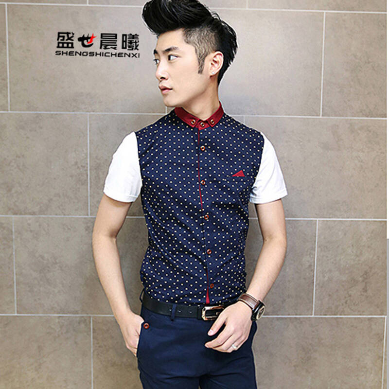 盛世晨曦男装夏简约男士小爱心图案印花休闲短袖衬衫203-c61 宝蓝色 m