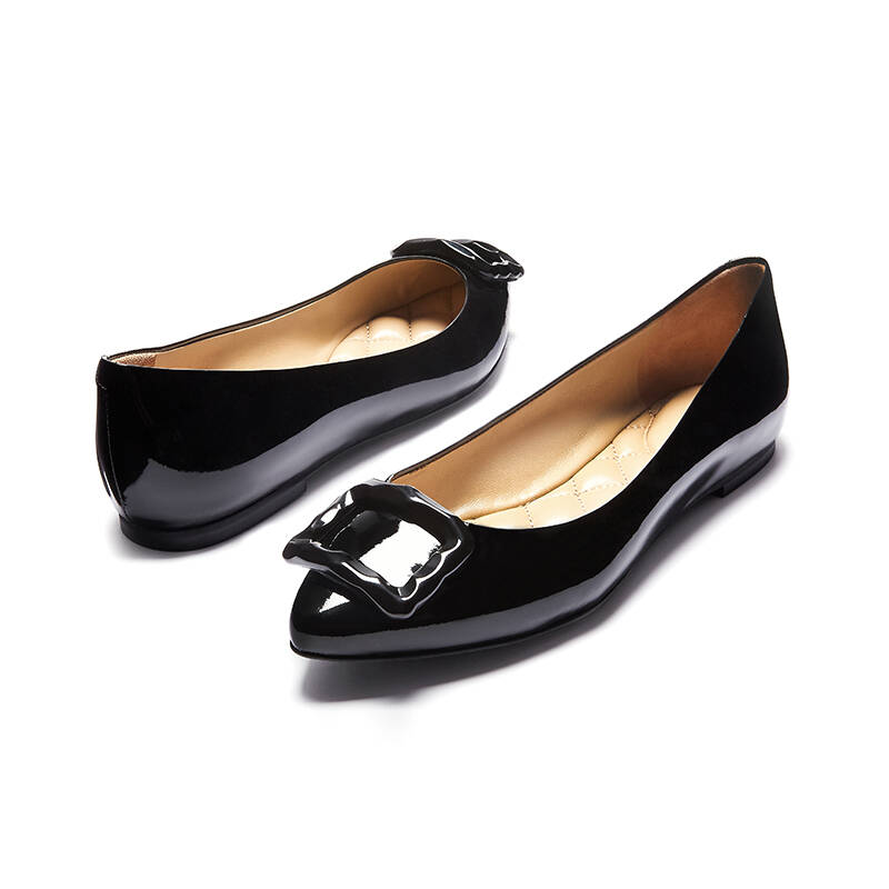 哥弟女鞋尖头方扣牛漆皮平底鞋910075 黑色 35