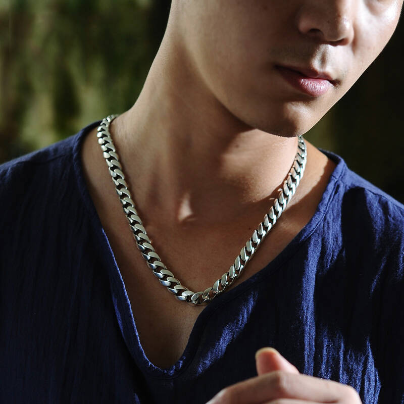 泰完美 925银项链男士霸气 简约马鞭链个性朋克长款银链子 霸气粗款