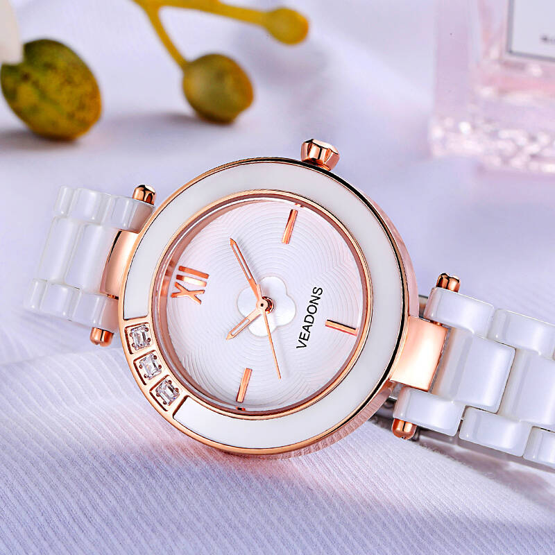 威顿(veadons)女士手表 时尚白色陶瓷防水女表 石英手表女 5002幸福心