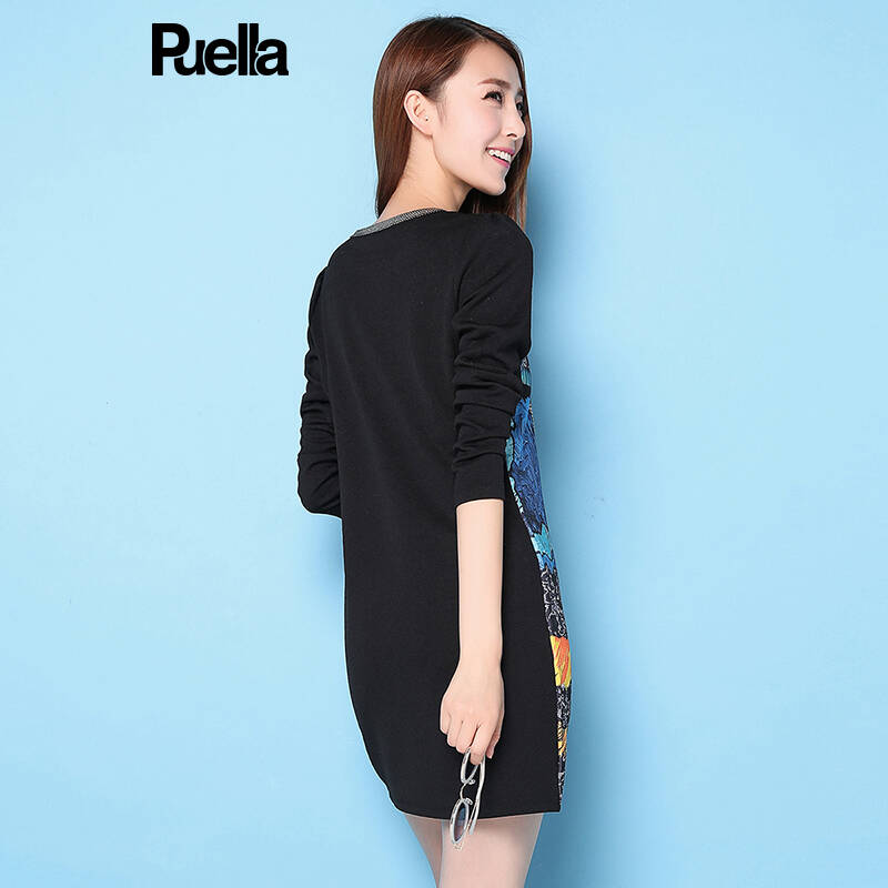 拉夏贝尔sport 2016春装新品 大人物印花肌理撞色长袖连衣裙 黑色 l