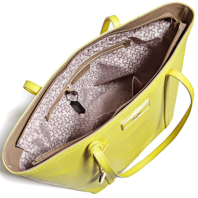 自营 dkny 唐娜·卡伦 女款亮黄色皮革蜥蜴纹印花单肩手提包