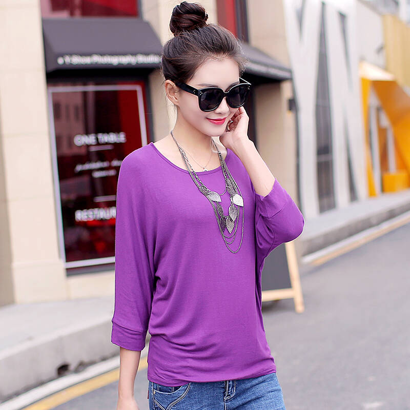 澳可罗宾 七分袖t恤女宽松 加肥加大码蝙蝠衫 紫色 l