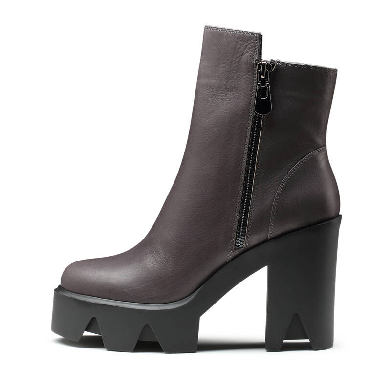 oe欧意秋冬新款时尚简约潮流圆头防水台粗跟高跟裸靴短筒女短靴 灰色