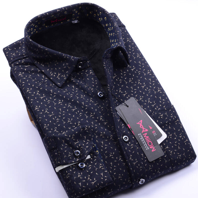 冬季猫人保暖衬衫男士印花加绒加厚中年青年弹力休闲长袖碎花衬衣男款