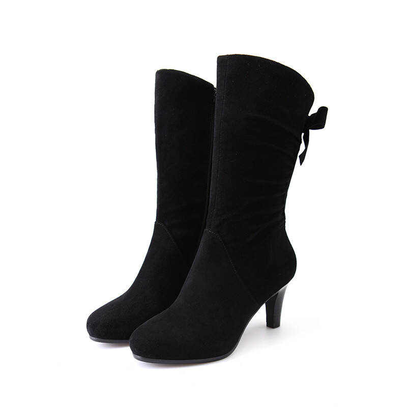 fed时尚优雅圆头高跟粗跟蝴蝶结女中靴1660358 黑色羊绒430103 40