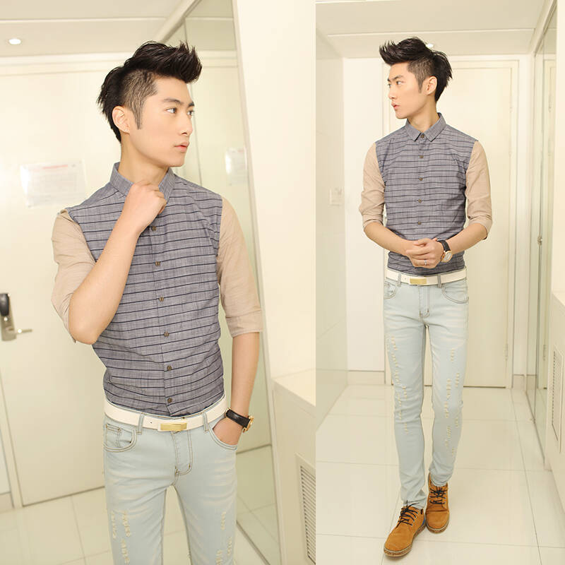 货到付款 幸福时光2014新款夏装男装衬衣 田园风格经典条纹五分中袖