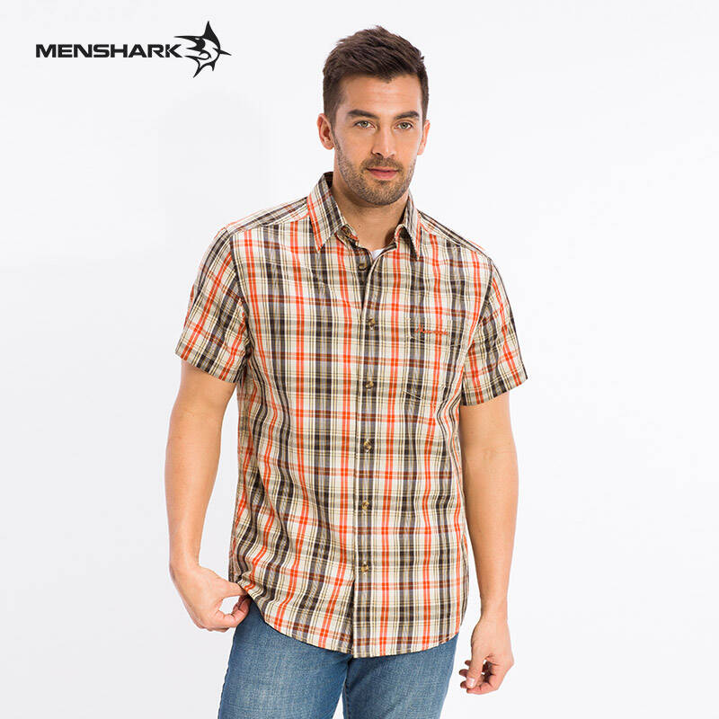 鲨鱼男格子式短袖衬衫 纯棉休闲商务绅士衬衣 时尚多