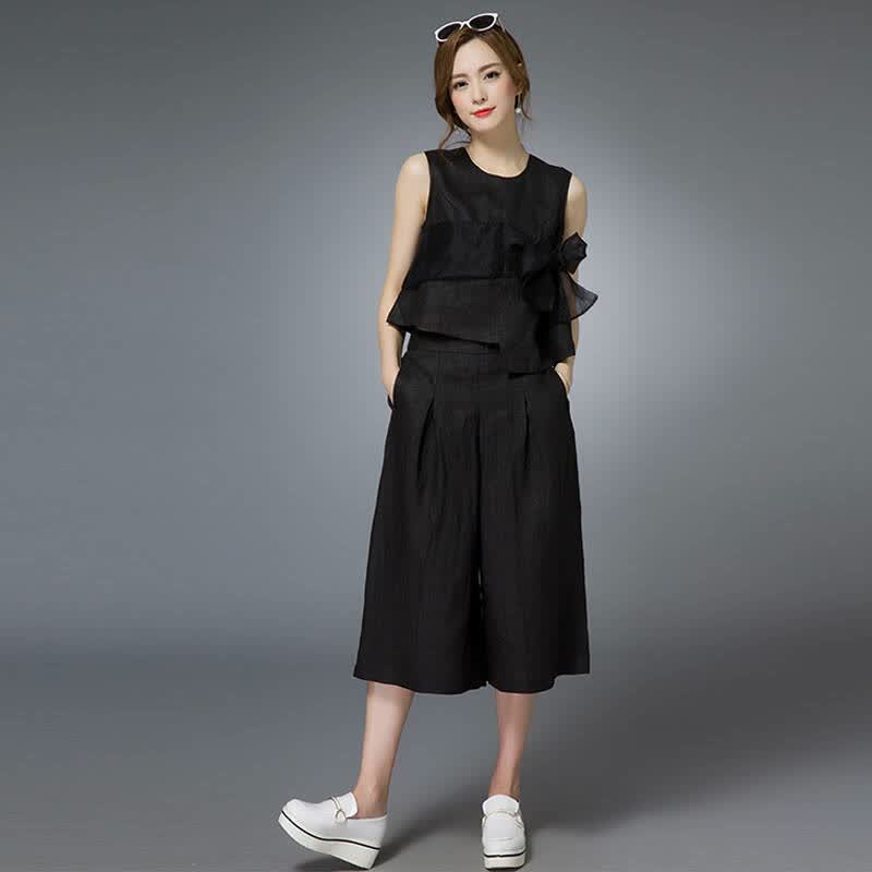 真丝连衣裙2016夏新款女装真丝裙裤套装雪纺棉全麻裙子ma12 黑色 m