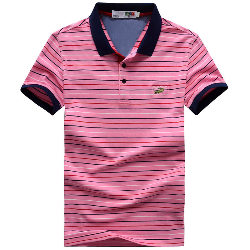 卡帝乐鳄鱼 cartelo 条纹拼接翻领短袖t恤男士polo衫 kft0809 粉红色