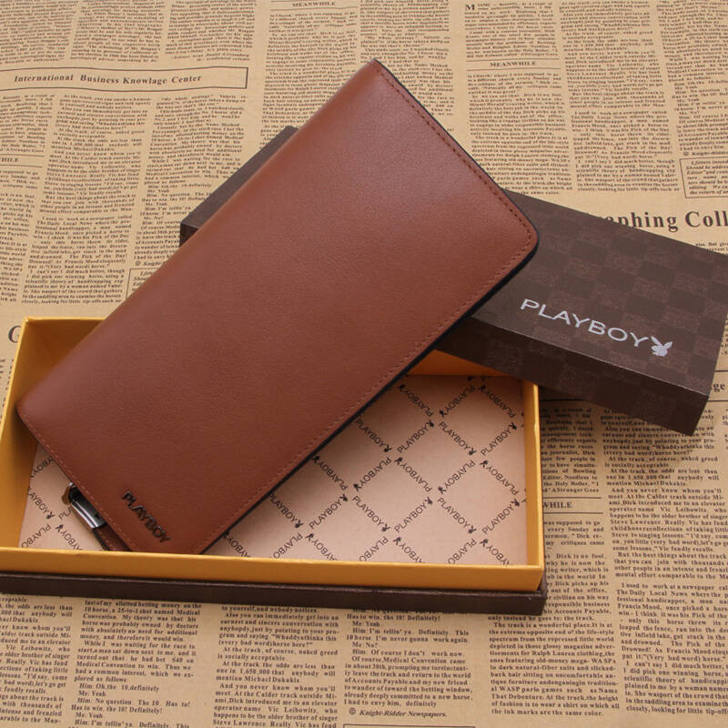 playboy/花花公子男士真皮钱包头层牛皮男钱夹男式长款票夹 黑色