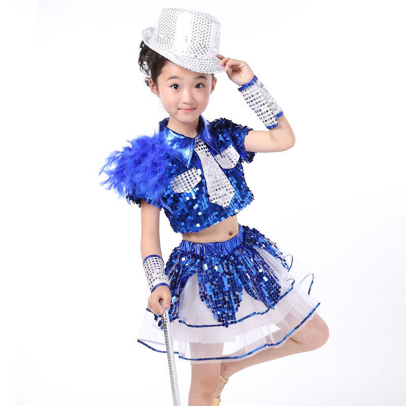 儿童六一演出服 亮片表演服爵士舞服现代舞表演服舞台服 女童长袖蓝色