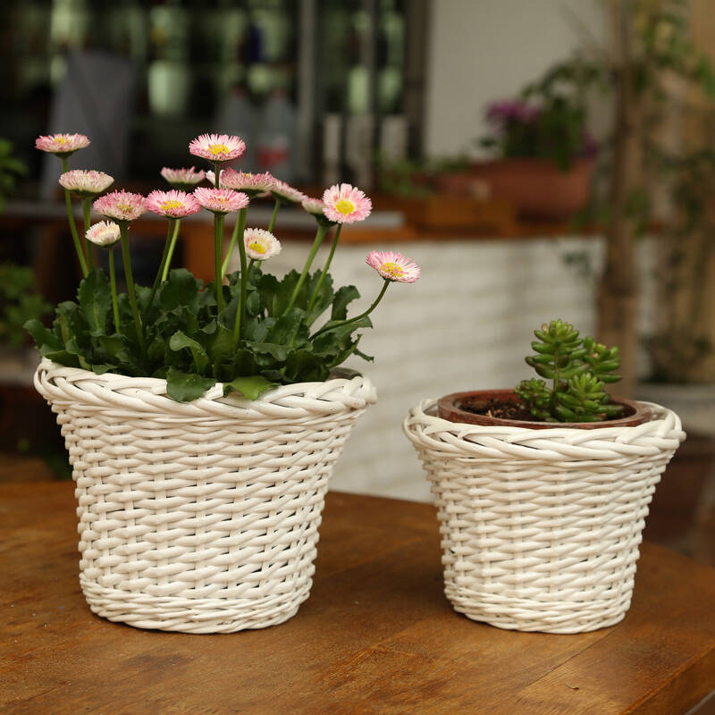 金柳家居田园迷你花盆 藤编花器花瓶创意收纳盒花篮 办公桌小花盆