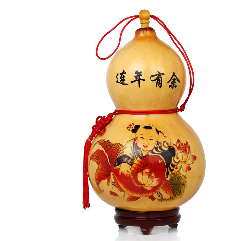 吉善堂 彩绘贴画天然葫芦 特大号开口风水工艺品0528 连年有余