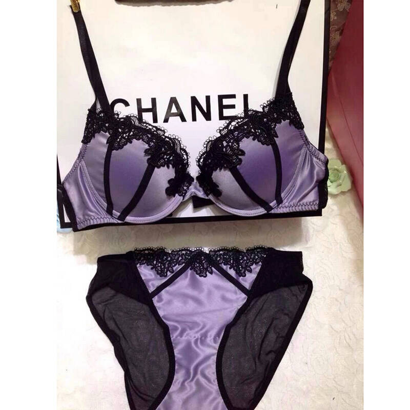 艾罗莱新款缎面真丝刺绣聚拢内衣 性感奢华 文胸套装 淡紫色 80b