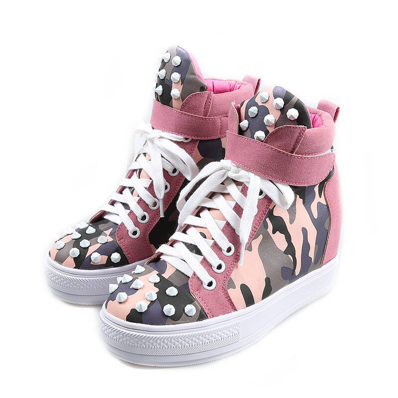 crapemyrtle坡跟真皮帆布鞋欧美厚底内增高休闲鞋女 粉红色 37