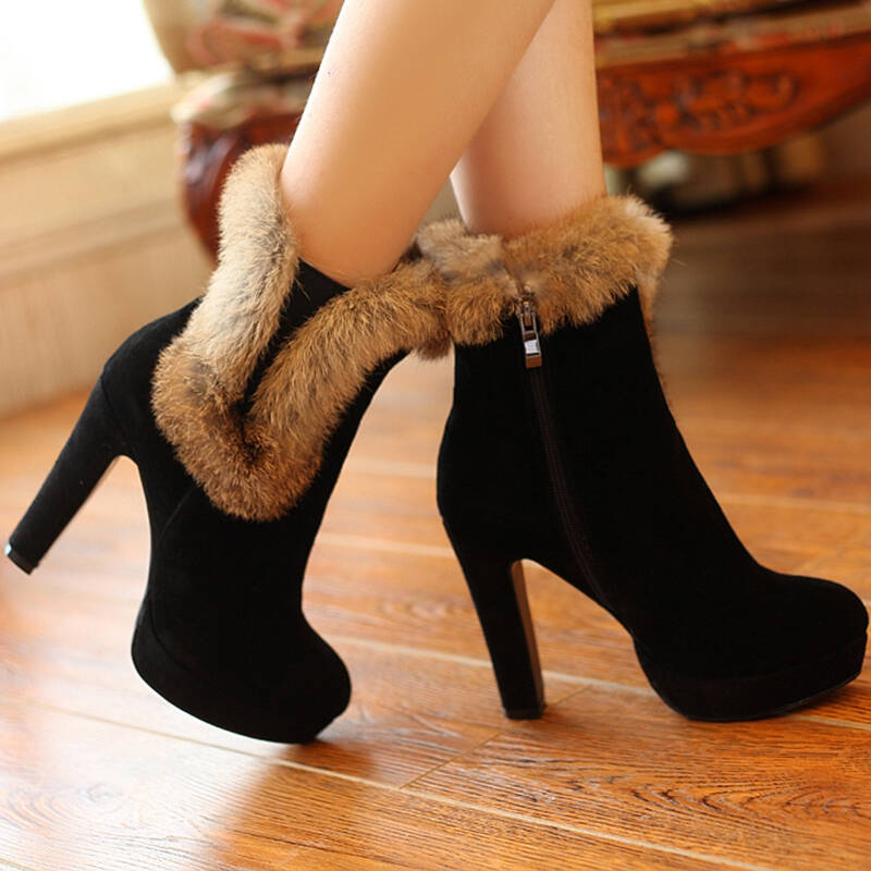 新款优雅端庄辣妈真皮短靴高跟靴粗跟靴毛毛靴马丁靴白领职业女靴子