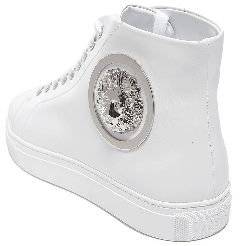 versace versus 范瑟丝 男士白色牛皮银色狮子头装饰系带高帮休闲鞋