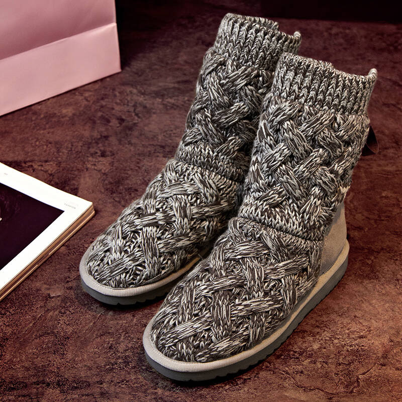 辣椒衣社2015新款平底羊毛针织雪地靴女磨砂短靴保暖棉靴圆头绑带靴子