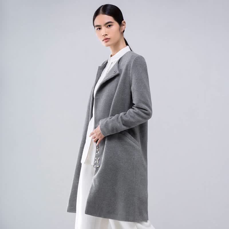 秋冬新大码修身不规则开襟毛呢外套女 雾灰色 xxl