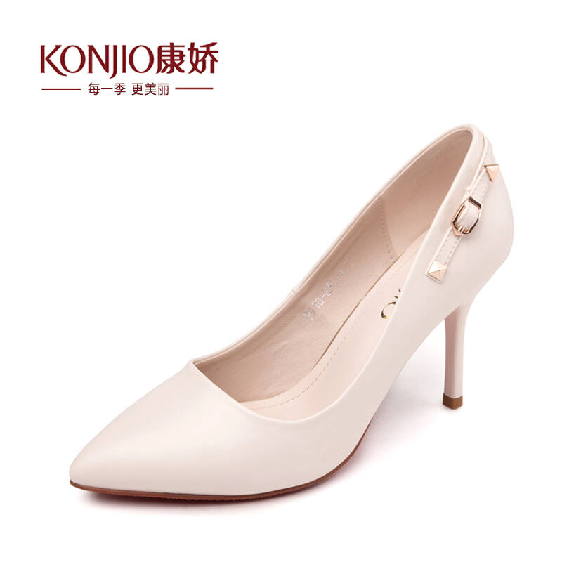 康娇/konjio2016春夏季新款高跟鞋女女鞋单鞋女高跟鞋女浅口尖头 米