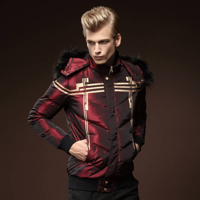 凡转2015冬季男士长袖连帽休闲外套保暖夹棉修身 羽绒服男510066 红色