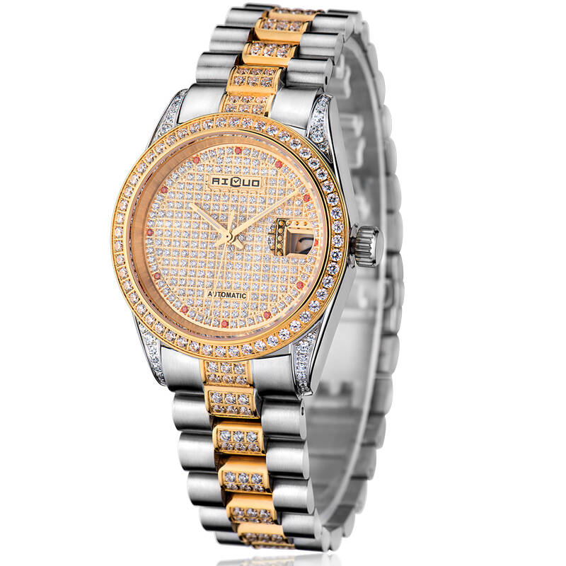 艾诺(ailuo)男表全自动男士机械表奢华镶钻满天星系列情侣表对表 金色