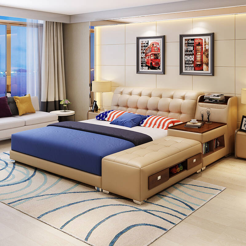乐私 床 榻榻米双人大床 皮艺婚床卧室家具 卡其色.