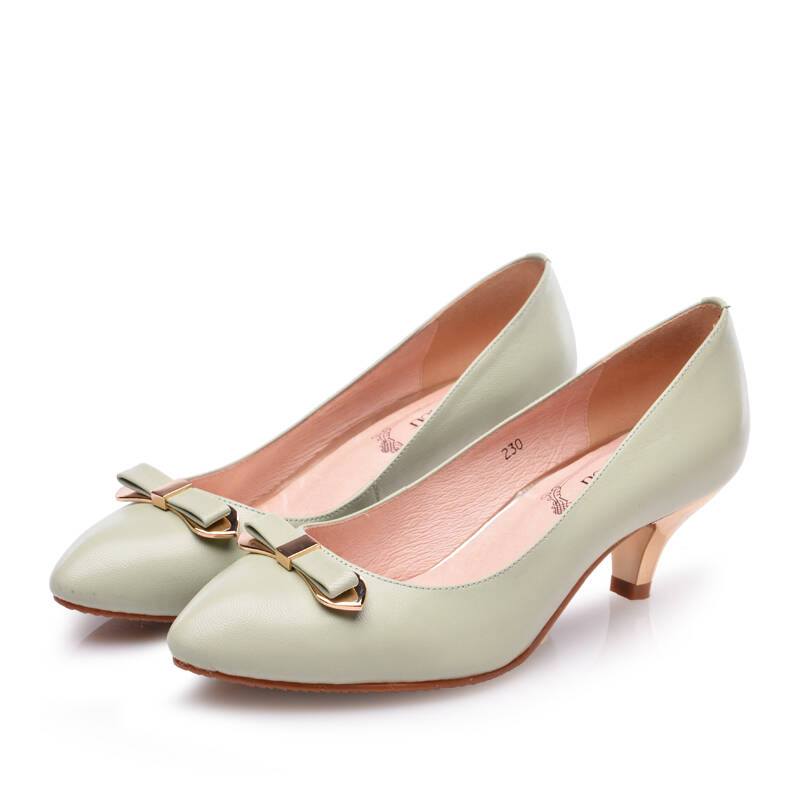 金猴(jinhou)时尚女鞋春秋款羊皮尖头蝴蝶结细中跟职业办公女皮鞋浅口