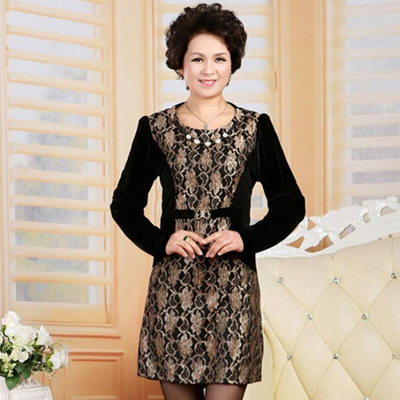 依芝宣中老年女装秋冬装假两件长袖中年妈妈装裙蕾丝金丝绒连衣裙