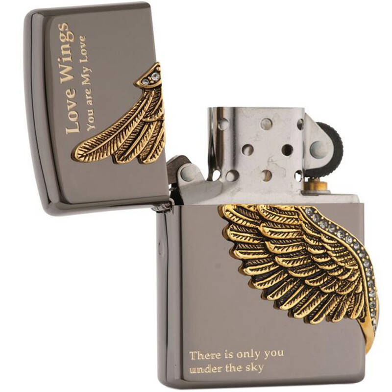 打火机日韩版三面环绕侧徽章爱情之翼黑冰爱翅膀镶钻徽章love-wings