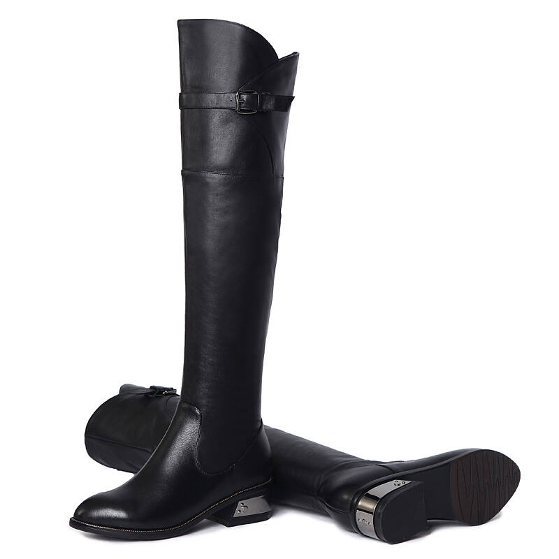 醉美娇娘 秋冬新款全皮过膝靴长筒女靴真皮鞋圆头高跟靴粗跟皮带扣头