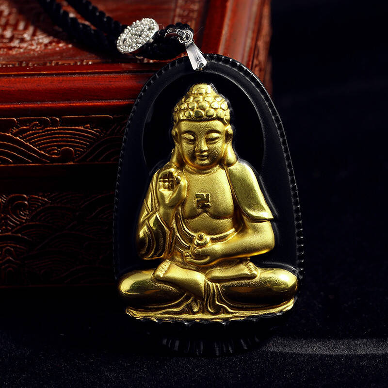 宝悟开光天然黄金黑曜石大日如来佛吊坠属猴属羊生肖本命佛守护神吊坠