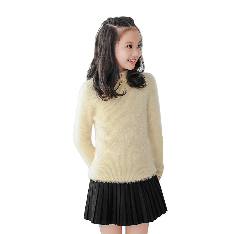 麦波女儿童毛衣马海毛针织衫中大童加绒打底衫高领 月牙白 130