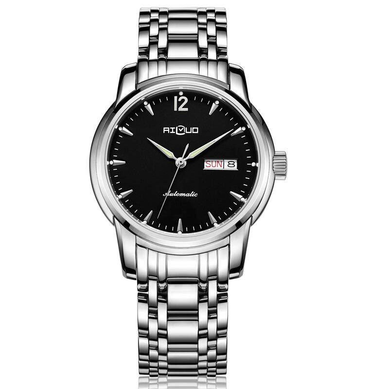 艾诺(ai luo)手表全自动机械男表精钢黑面商务腕表蓝宝石镜面男款6051