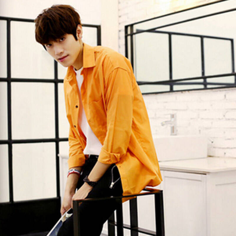 djies 青少年纯色衬衫男士宽松休闲衬衣韩版中长款长袖衬衫男a158